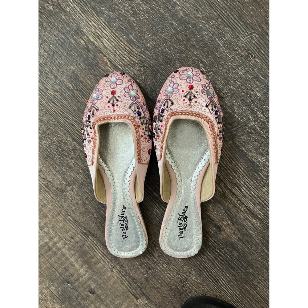 Paris Blues Embellished Mules Beaded‎ Slip On Flats Shoes Pink Boho Size 7